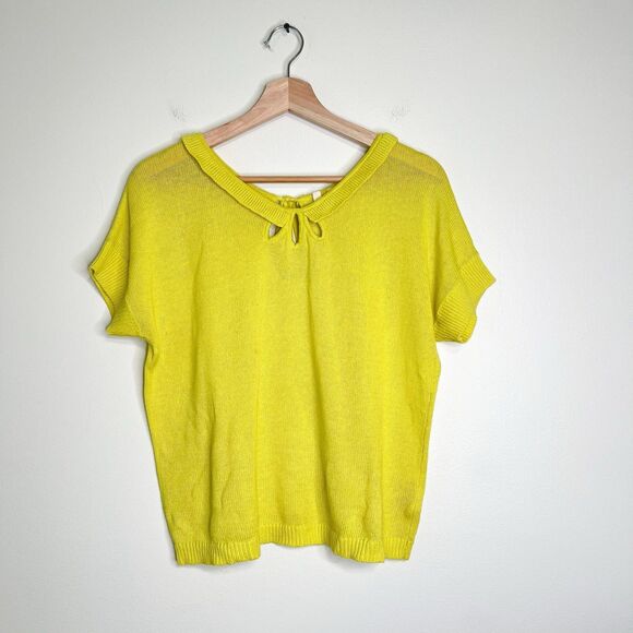 Anthropologie Moth Cutout Addie Sweater Tee Top Size Medium Yellow Cotton Linen - Picture 2 of 6